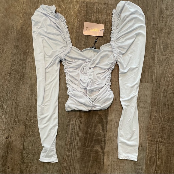 Missguided white ruched milkmaid top long sleeve puff shoulder - Picture 3 of 4